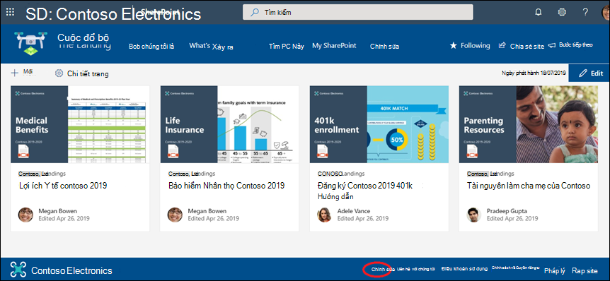 Thêm hoặc sửa nối kết và nhãn trong chân trang của site liên lạc SharePoint.