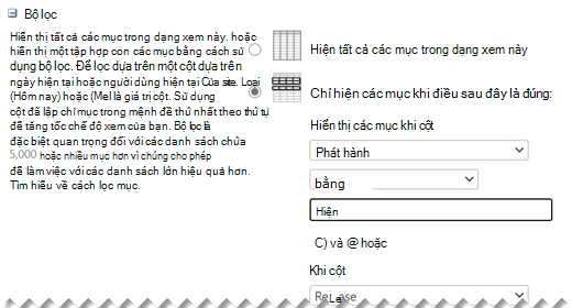 Bên dưới Chỉnh sửa Thiết đặt, xác định Bộ lọc bạn muốn cho dạng xem của mình.