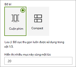 Lựa chọn bố trí trong ngăn thuộc tính phần web Events.