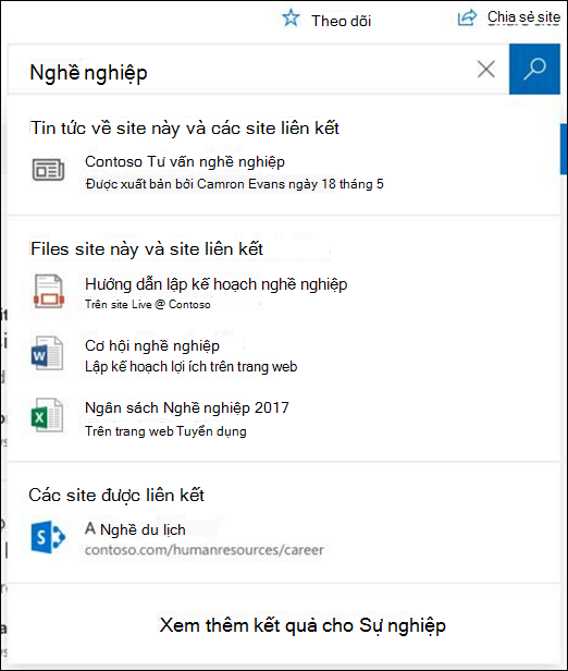 Kết quả tìm kiếm trên site hub SharePoint