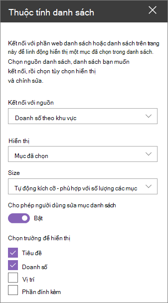 Ngăn phần web thuộc tính danh sách