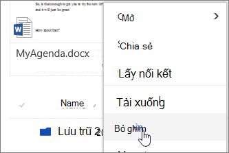 Mục menu Ghim trên menu ngữ cảnh tệp được tô sáng
