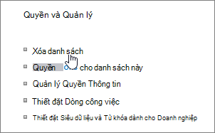 Hộp thoại Thiết đặt danh sách với Xóa danh sách này được tô sáng