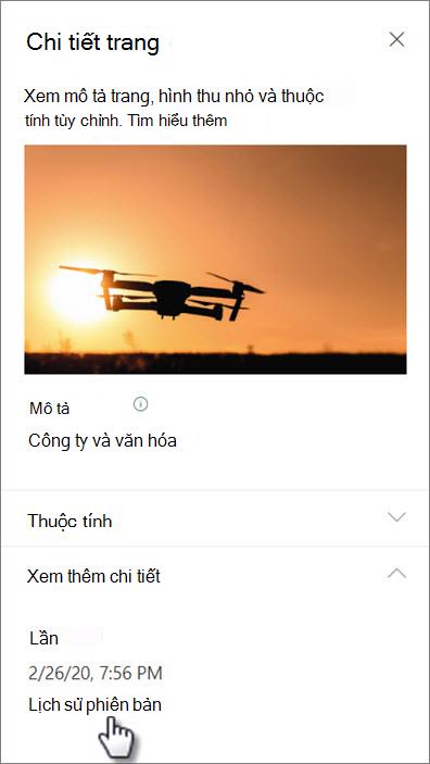 Ảnh chụp màn hình liên kết lịch sử phiên bản bên dưới chi tiết trang