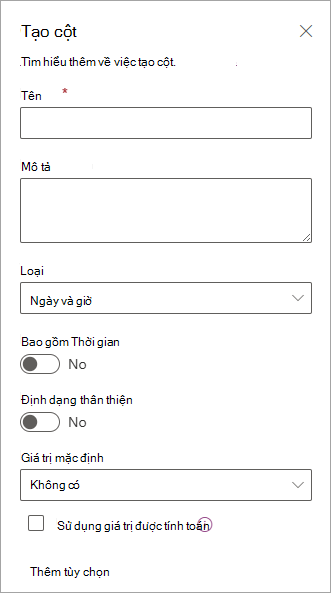 Ảnh chụp màn hình của pa-nen Tạo cột mà bạn có thể sử dụng để thêm cột vào danh sách.