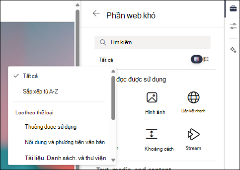Lọc các phần web ở mức 2 của hộp công cụ