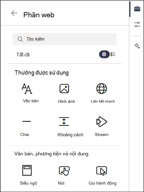 Phần web được liệt kê ở mức 2 của hộp công cụ