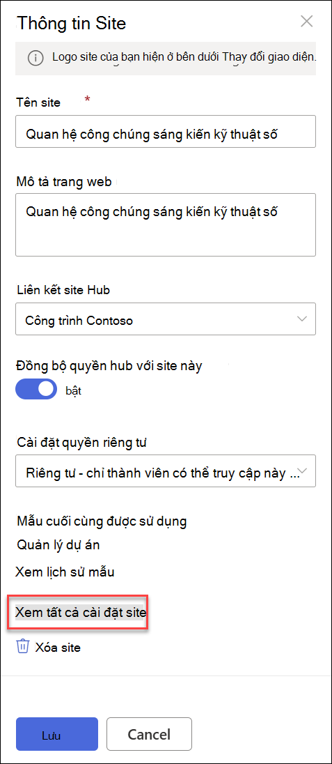 Hộp thoại Thông tin Site.