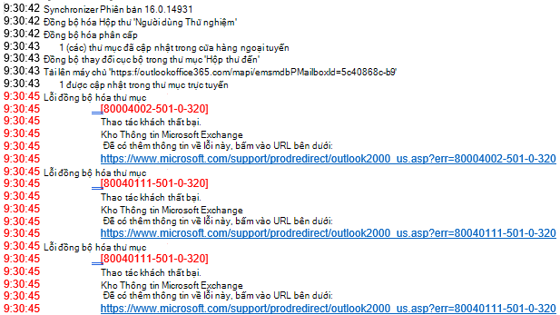 Danh sách lỗi trong nhật ký outlook