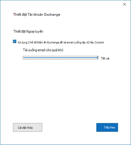 Cửa sổ Thiết đặt Tài khoản Exchange với Con trượt Đồng bộ Chế độ Đệm ẩn, Tải xuống email cho bộ trước đây thành Tất cả