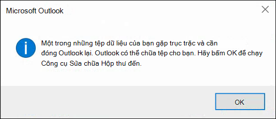 Đã xảy ra sự cố với một trong các tệp dữ liệu của bạn và Outlook cần phải đóng.