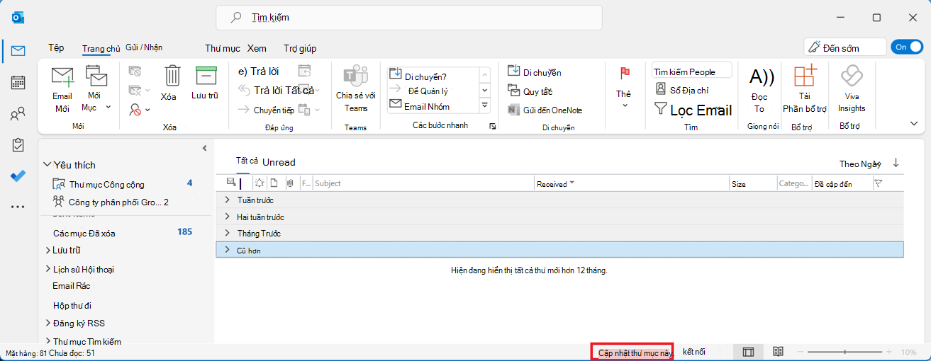 Hộp thư chung Outlook với cập nhật thư mục này được khoanh tròn trong hộp màu đỏ