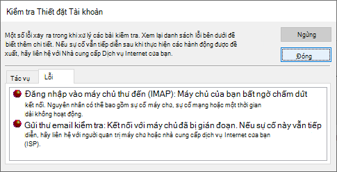 Ảnh chụp màn hình tab Lỗi trong cửa sổ Kiểm tra Thiết đặt Tài khoản - IMAP