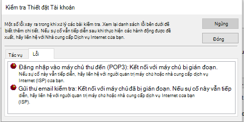 Ảnh chụp màn hình tab Lỗi cửa sổ Kiểm tra Thiết đặt Tài khoản - POP3