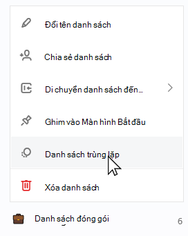 Danh sách đóng gói được chọn với danh sách ngữ cảnh đang mở và Danh sách trùng lặp được chọn