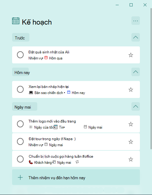 Danh sách thông minh được lên kế hoạch với các nhiệm vụ được sắp xếp theo Trước đó, Hôm nay và Ngày mai