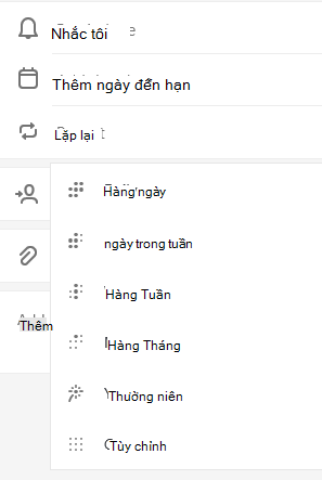 Lặp lại được chọn với tùy chọn để chọn Hàng ngày, Các ngày trong tuần, Hàng tuần, Hàng tháng, Hàng năm hoặc Tùy chỉnh