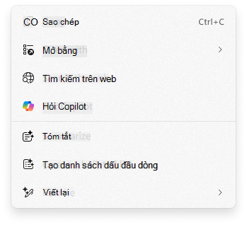 Ảnh chụp màn hình menu ngữ cảnh Bấm để Làm với Hỏi Copilot