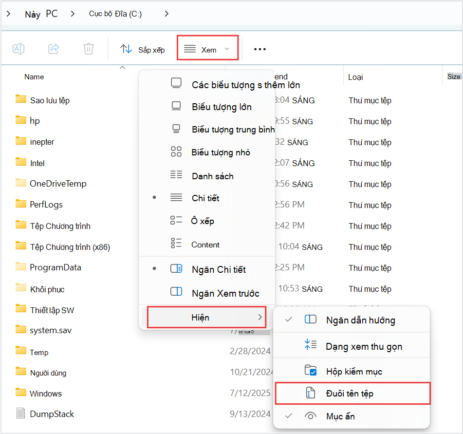 Ảnh chụp màn hình hiển thị vị trí của phần mở rộng Tên tệp