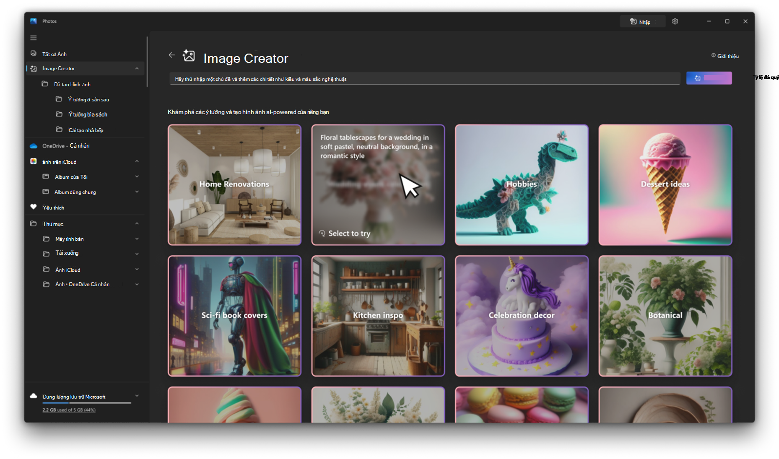 Ảnh chụp màn Image Creator ảnh trong ứng dụng Ảnh.