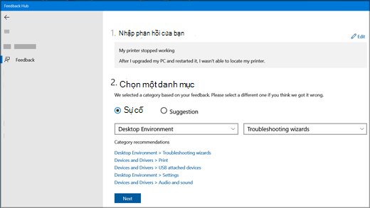 Hộp thoại Phản hồi Mới trong Hub Phản hồi