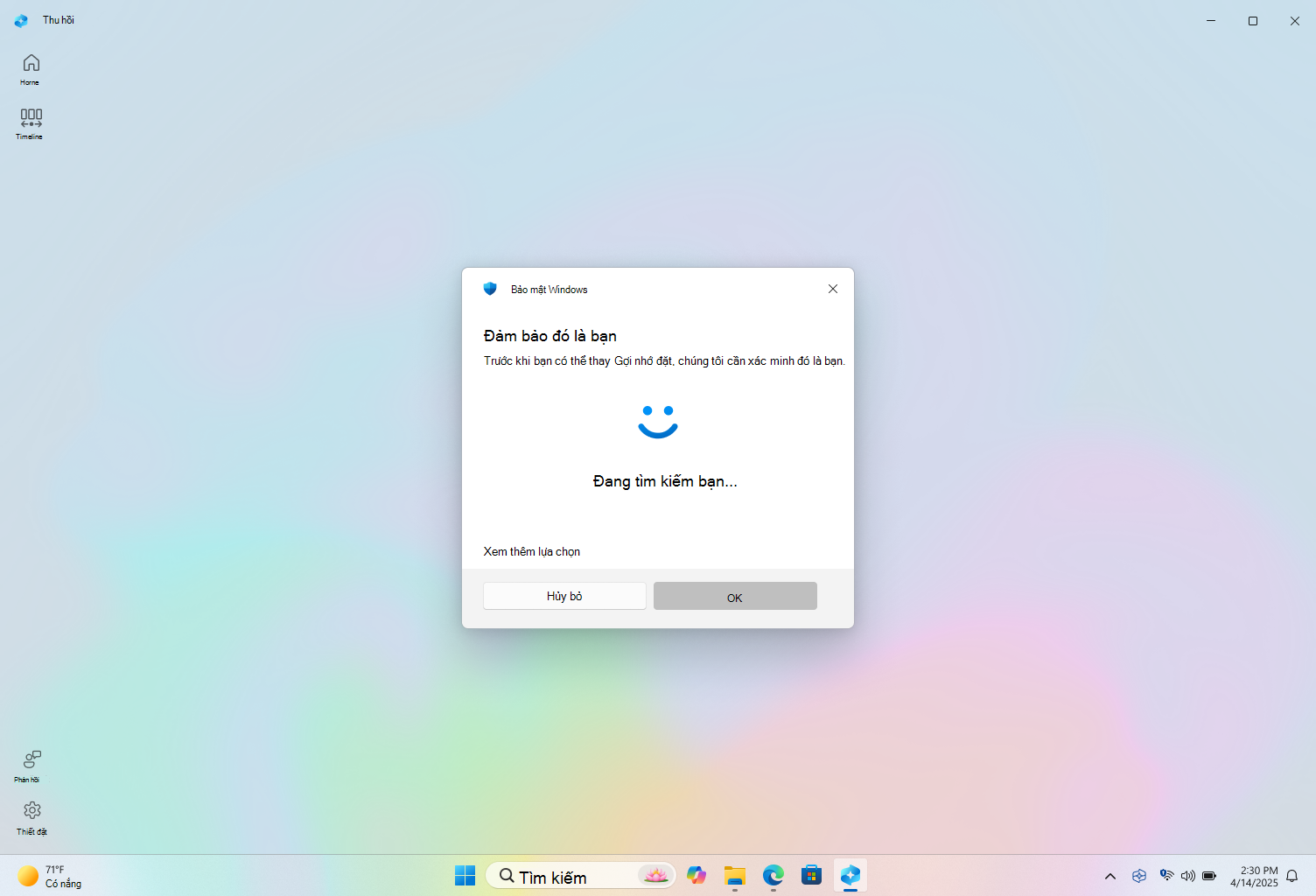 Ảnh chụp màn hình xác thực để Thu hồi với Windows Hello