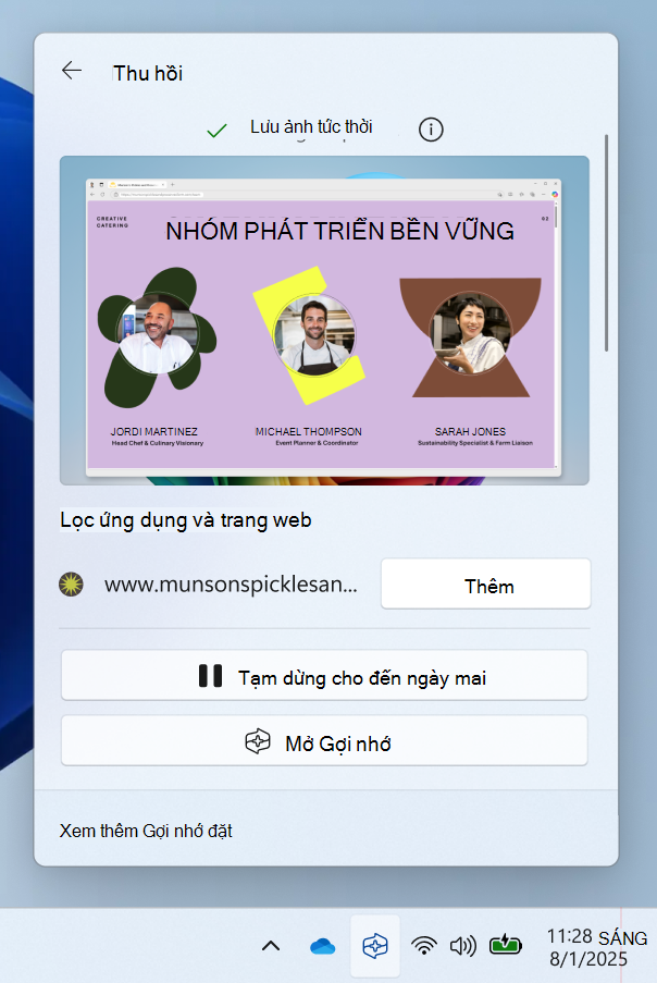 Ảnh chụp màn hình cài đặt nhanh từ biểu tượng khay hệ thống Thu hồi