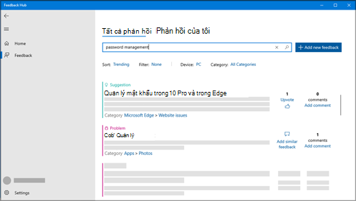 Hộp thoại Tìm kiếm Phản hồi trong Hub Phản hồi