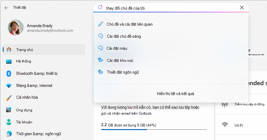 Ảnh chụp màn hình một tìm kiếm trong cài đặt.