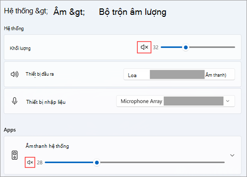 Xem âm lượng và thiết bị âm thanh mặc định Windows 11 Bộ trộn âm lượng.