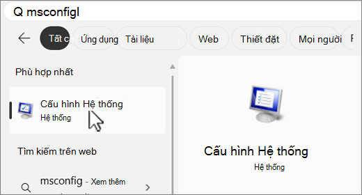 Tìm kiếm MSConfig.