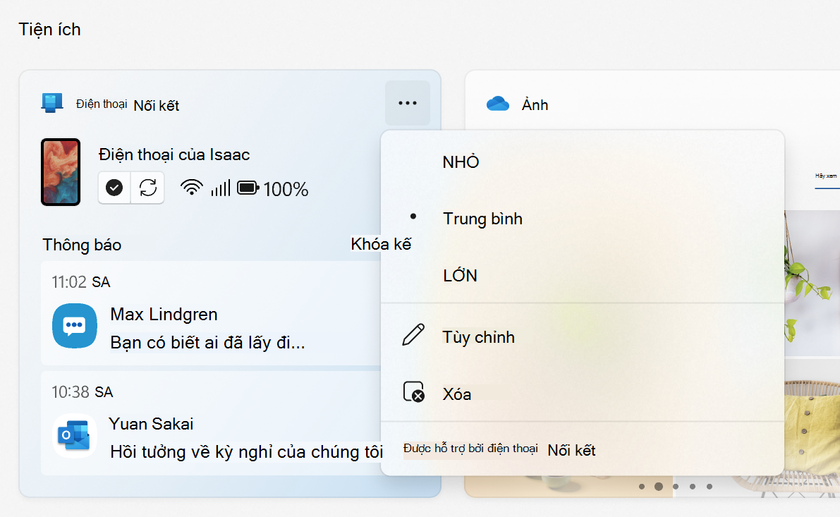 Menu tiện ích Liên kết điện thoại hiển thị các tùy chọn kích cỡ, tùy chỉnh, loại bỏ và Được hỗ trợ bởi Liên kết điện thoại.