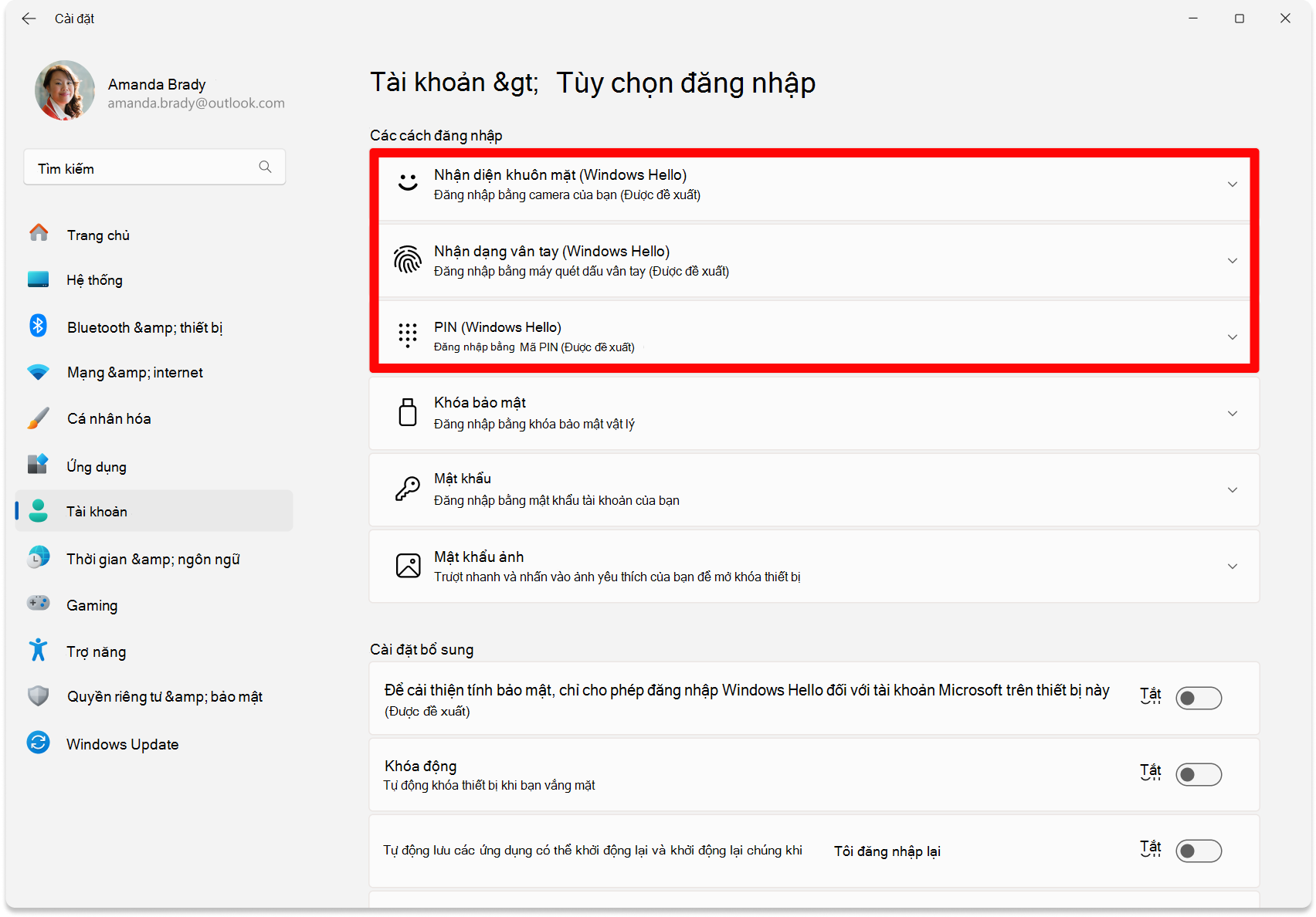 Ảnh chụp màn hình thiết đặt - Tùy chọn để cấu hình Windows Hello.