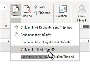 Danh sách thả xuống với tùy chọn Chấp nhận Tất cả Thay đổi trong Word