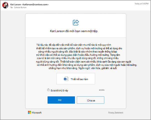 Lời mời qua email để chia sẻ tệp Microsoft Word có bản tóm tắt do Copilot tạo.