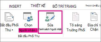 Ảnh chụp màn hình tab Gửi thư trong Word, hiển thị lệnh Chỉnh sửa Danh sách Người nhận dưới dạng được tô sáng.