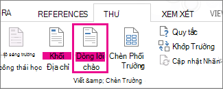 Ảnh chụp màn hình tab Gửi thư trong Word, hiển thị lệnh Dòng Lời chào dưới dạng được tô sáng.