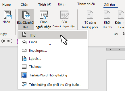 Menu Bắt đầu Phối Thư với Thư được chọn