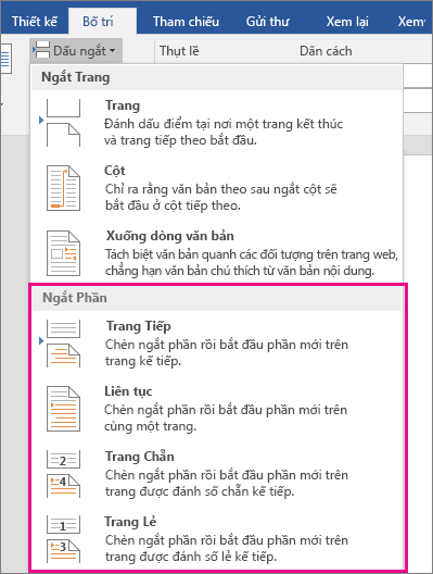 Các loại dấu ngắt phần được tô sáng trên tab Bố trí.