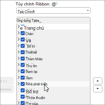Hộp thoại Tùy chỉnh ribbon với nhà phát triển được chọn