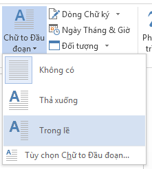 Trong menu Chữ to Đầu đoạn, chọn Trong lề để thả chữ to đầu đoạn trong lề chứ không phải trong đoạn văn.