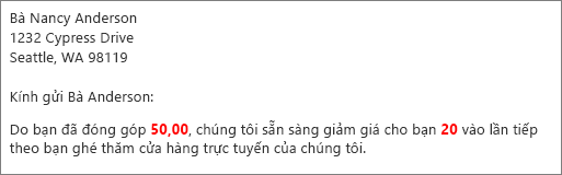 Tài liệu phối thư cho biết số tiền đóng góp của bạn là 50,00 và giảm giá 20 cho bạn.
