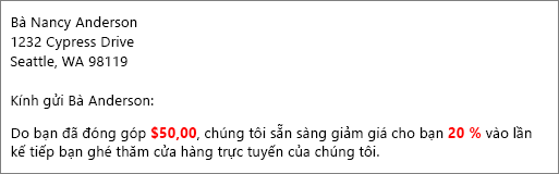 Tài liệu kết quả phối thư cho biết số tiền đóng góp của bạn là $50,00 và cung cấp cho bạn khoản chiết khấu 20%.