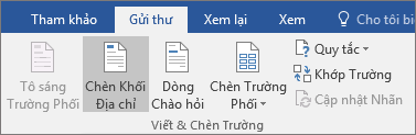 Là một phần Word phối thư, trên tab Gửi thư, trong nhóm & Chèn Trường, chọn Khối Địa chỉ.
