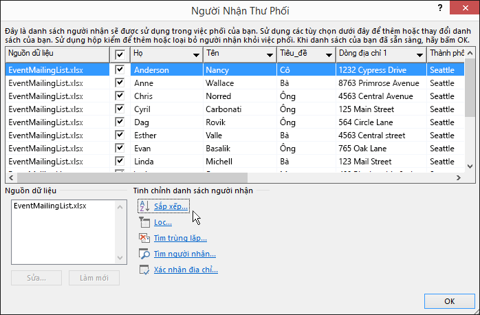 Là một phần Word phối thư, kết quả của một loại danh sách người nhận.