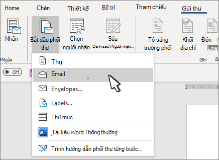 Bắt đầu phối thư với Thư email được chọn