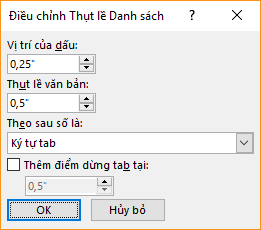 Ảnh chụp màn hình của hộp thoại Điều chỉnh Thụt lề Danh sách nơi bạn có thể chỉ định cài đặt cho vị trí dấu đầu dòng và thụt lề văn bản Bạn cũng có thể chọn những gì mình muốn theo sau một số và chỉ định vị trí để thêm điểm dừng tab.