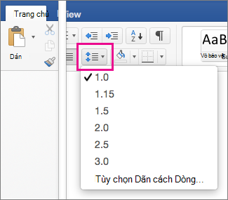 Trên tab Nhà, Dãn cách Dòng được tô sáng
