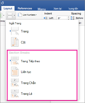 Trên tab Bố trí, menu Ngắt Phần được tô sáng