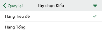 Lệnh Tùy chọn Kiểu, với Hàng Tiêu đề được chọn